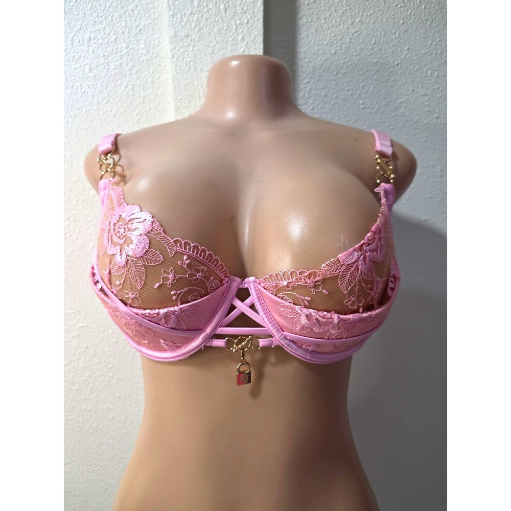 Honey BirdettePink Floral Lace Sheer Bralette w/ Charm Adjustable Straps 34DDD